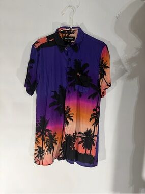 Reason Purple to Orange Palm Print Button-Down Shirt